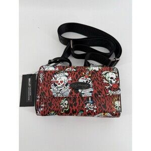 Ed Hardy Red Cheetah Print Crossbody Wallet Skull Print Bifold Multi Compartment